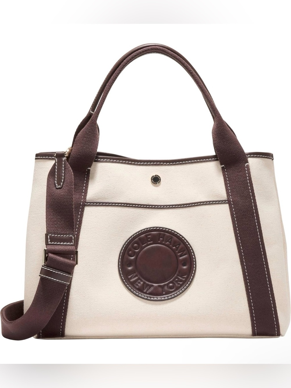 Cole Haan Cream and Brown Canvas Tote with Logo Medallion